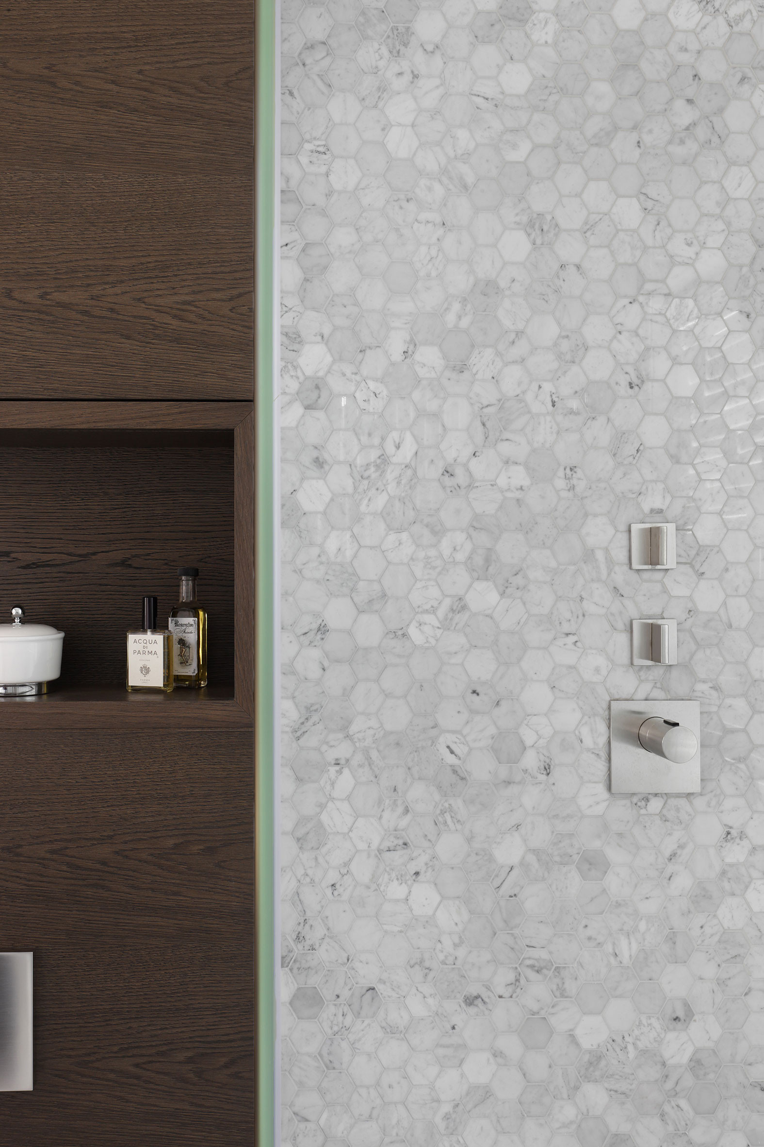 mwai chelsea bathroom wood veneer cararra tiles